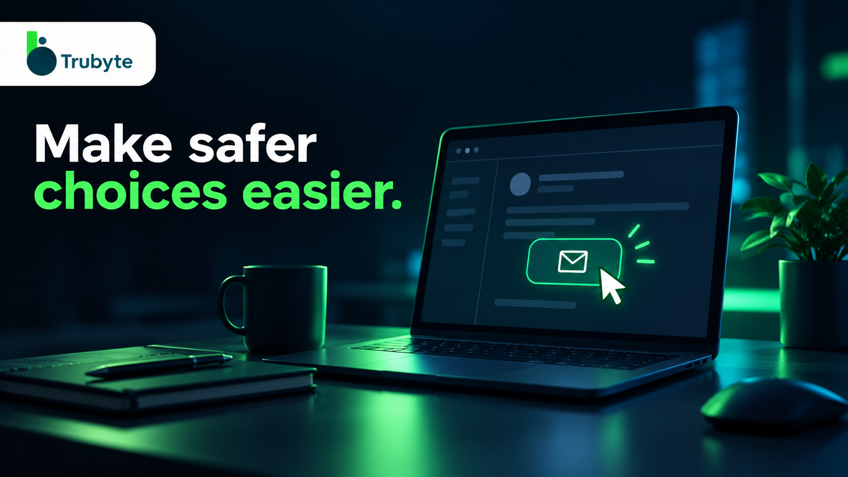 Make safer choices easier. Trubyte supporting illustration of employee workstation with a simple report email button.