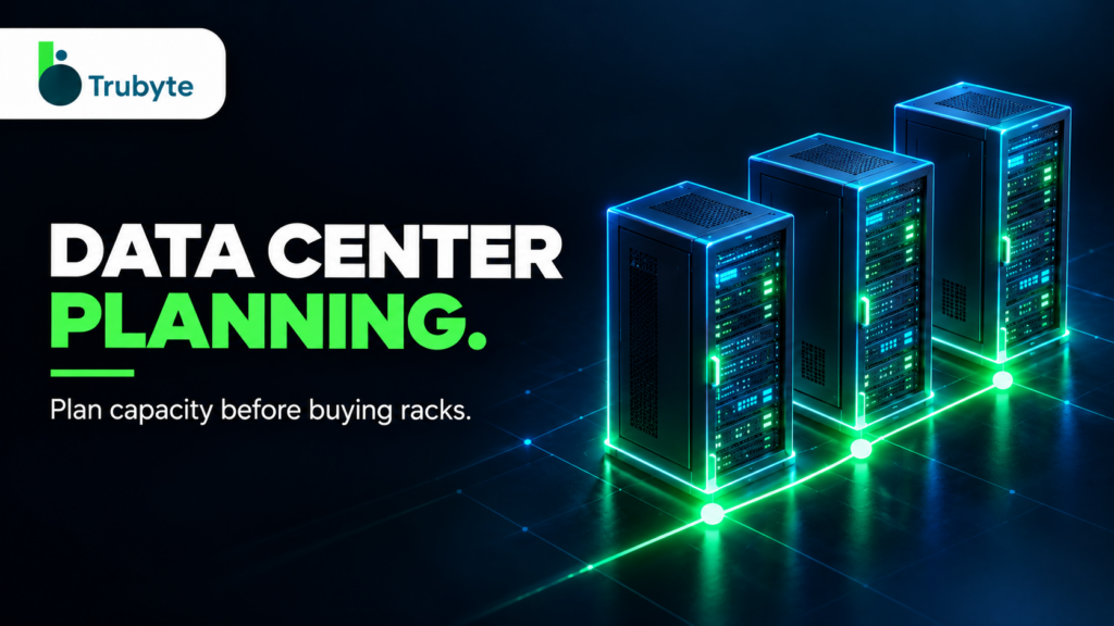 Trubyte illustration of three connected server racks for business data center planning
