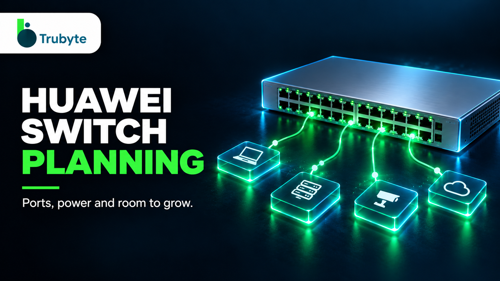 Trubyte conceptual networking switch illustration with green illuminated ports